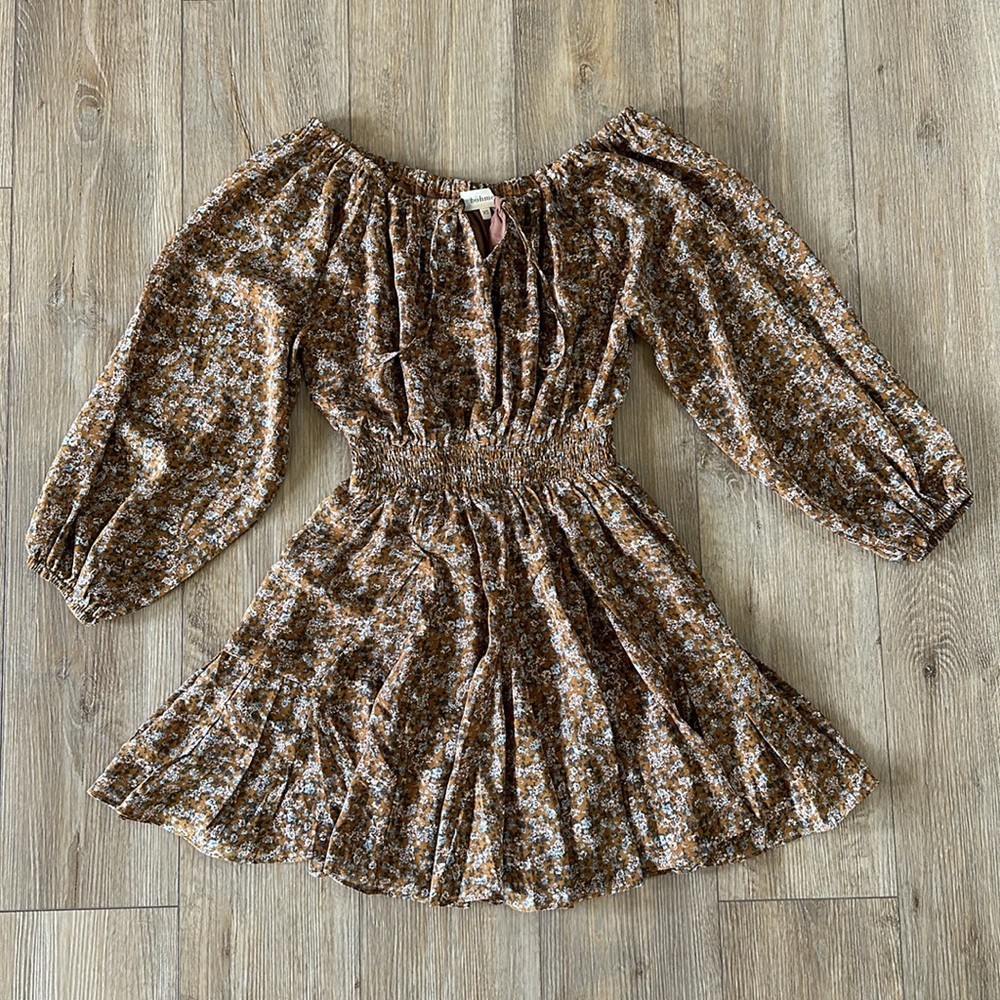 Bohme Brown Floral Print Long Sleeve Peasant Dress Size XS